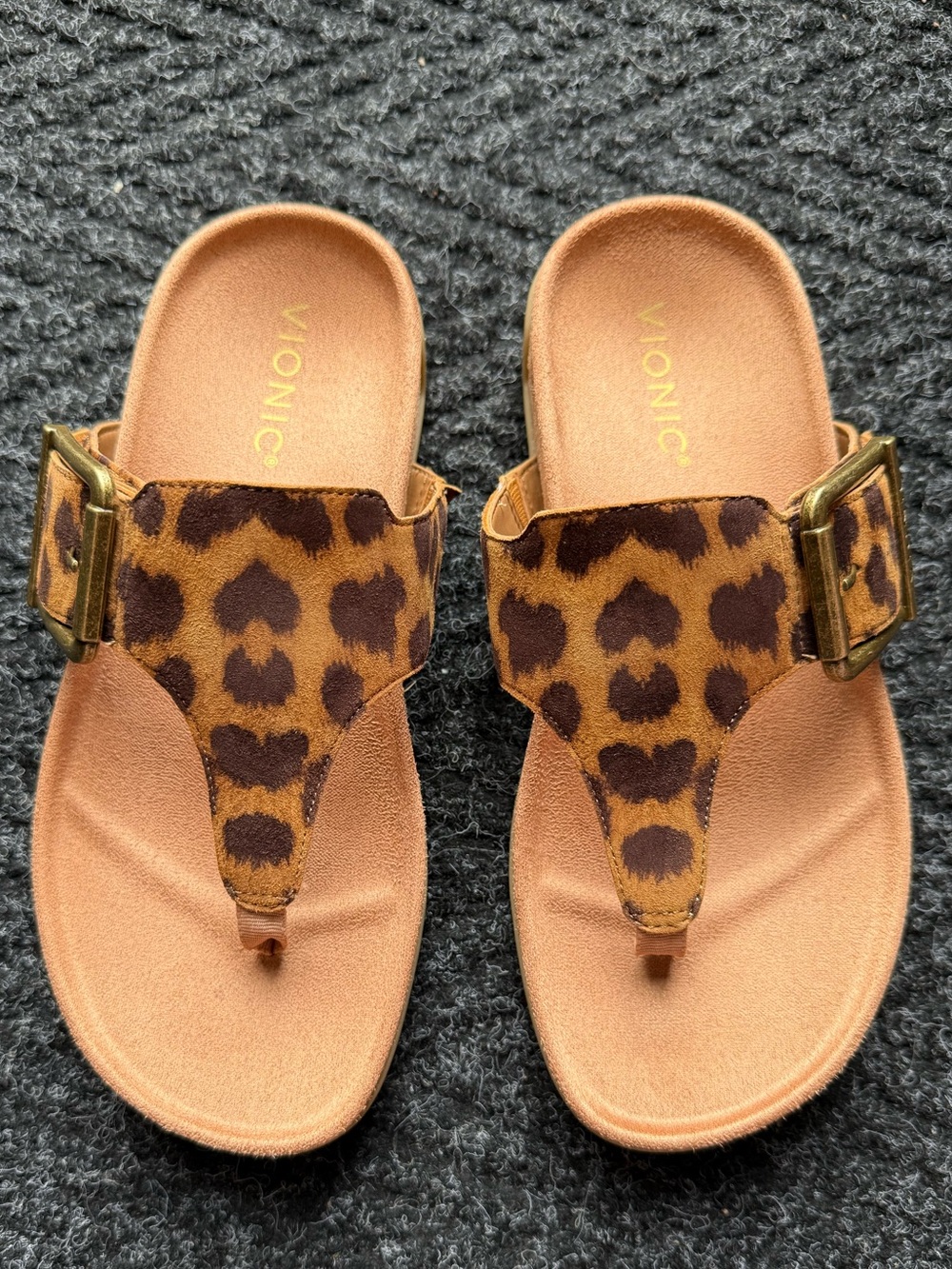 Vionic Leopard-Print Thong Sandals in Tan and Brown with Gold Buckles